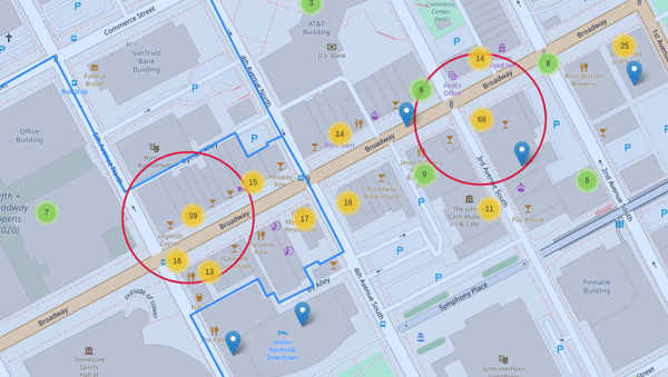 Map of Broadway in Downtown Nashville