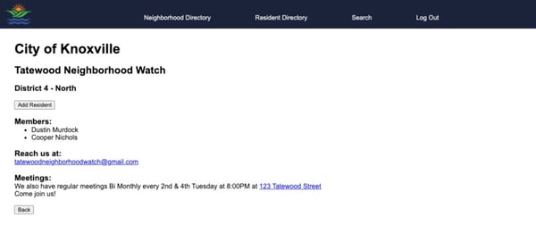 Screenshot of C38 Alum's Full stack Django App built for the Knoxville City Hackathon