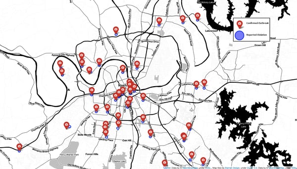 Map showing the proximity of reported COVID cases to reported Safer at Home violations in Nashville