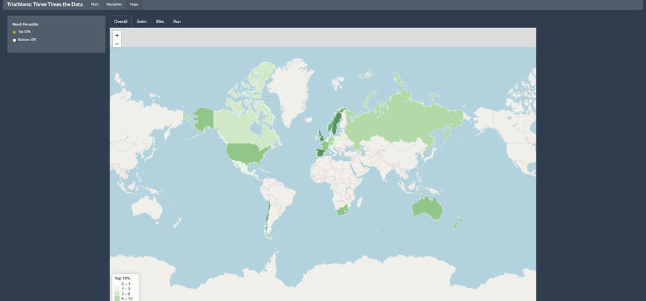 Conrad used a choropleth map to highlight countries where a large percentage of competitors performed well either overall of by event.